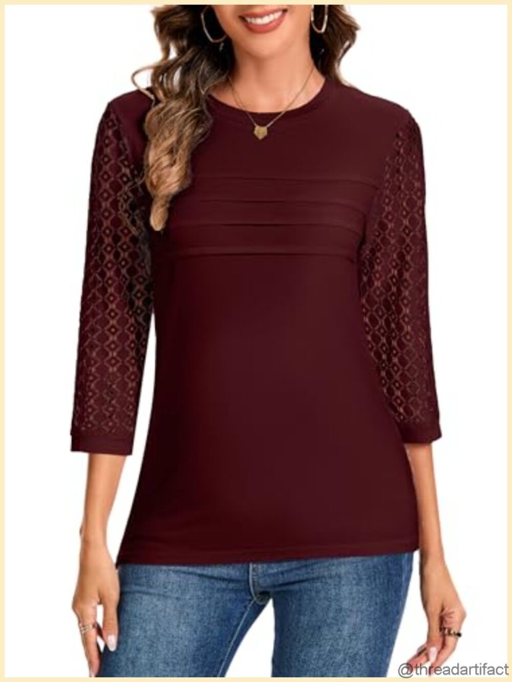 Womens Lace 3/4 Sleeve Tunic Top Crew Neck Cotton Blend Business Casual Blouse